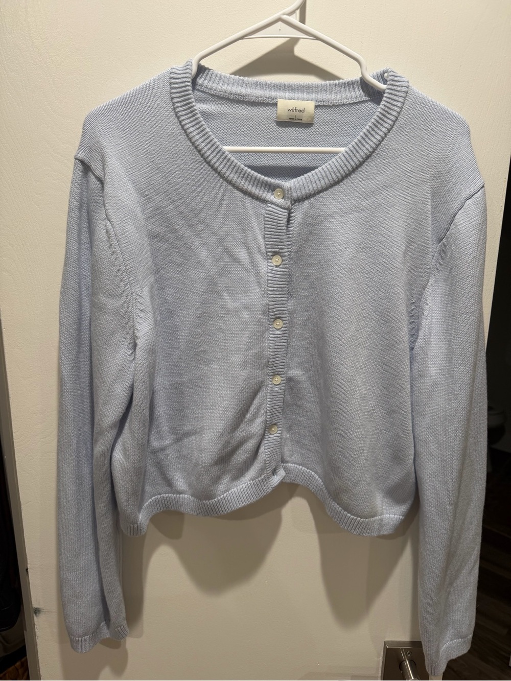 Aritzia Wilfred Light Blue Cropped Button Cardigan